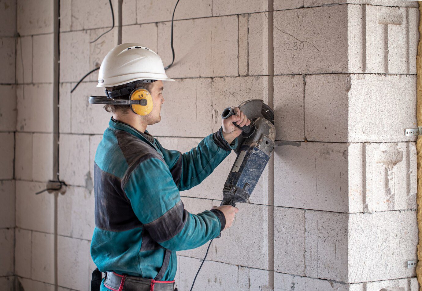 A professional builder in work clothes works with a cutting tool.<br />
