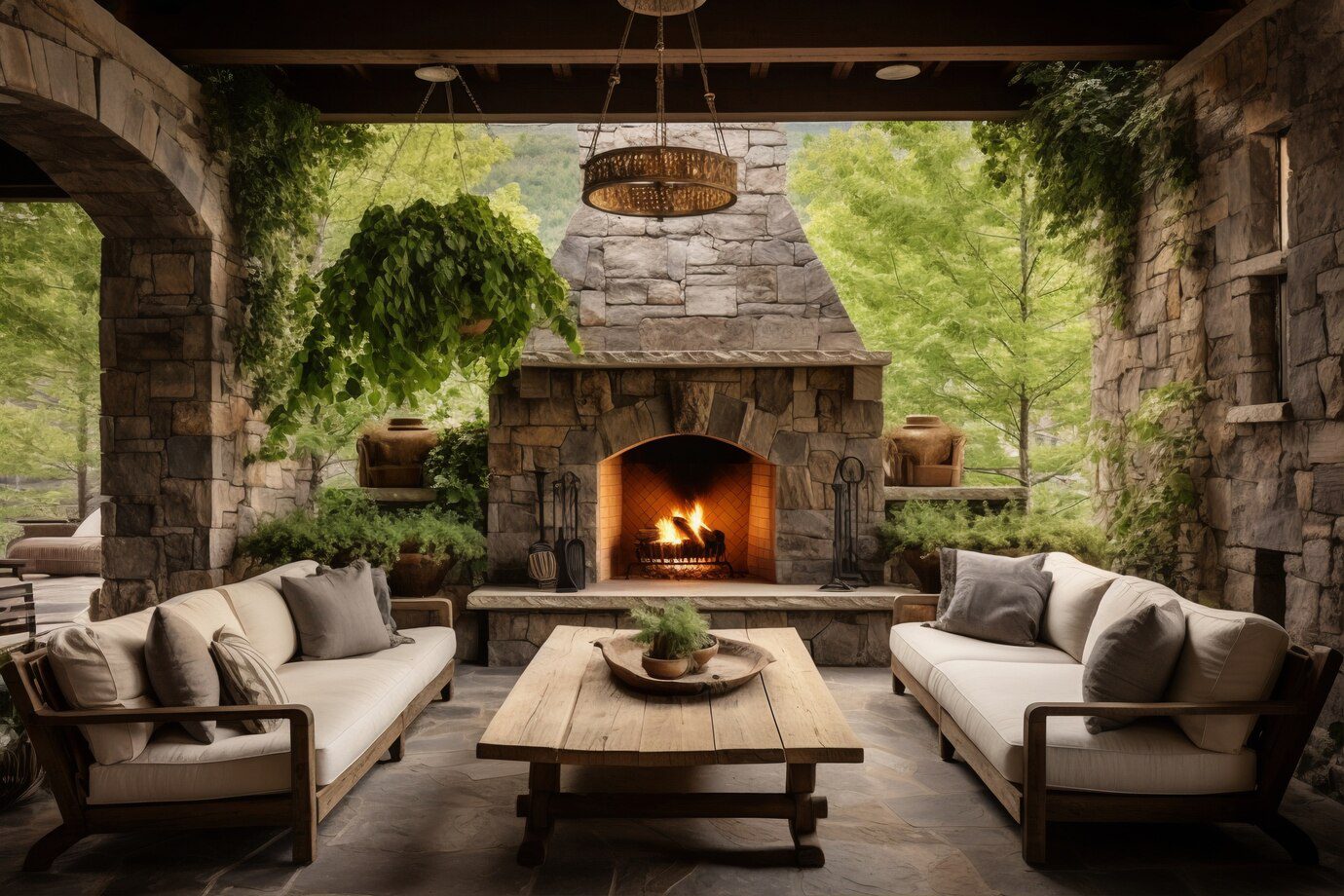 Rustic patio with deck furniture and vegetation<br />
